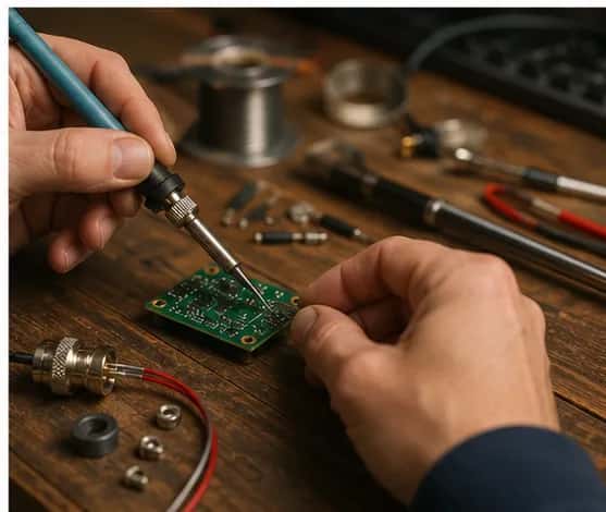 Electronics workbench with circuit board and soldering tools