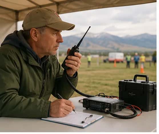 Volunteer radio operator with emergency communications equipment