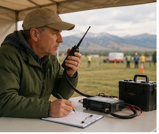 Volunteer radio operator with emergency communications equipment