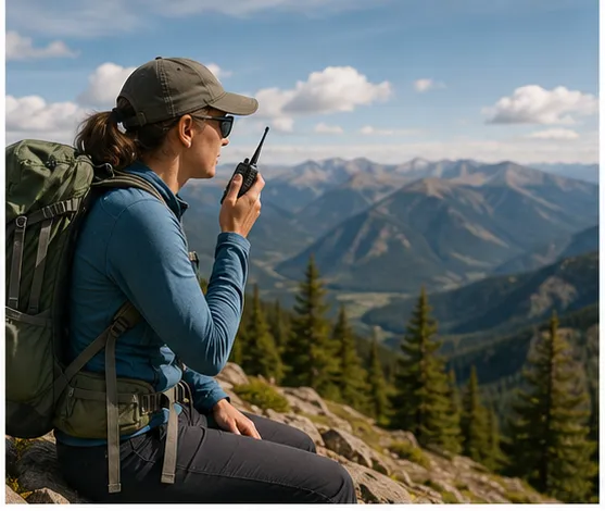 Hiker using a handheld radio in the mountains