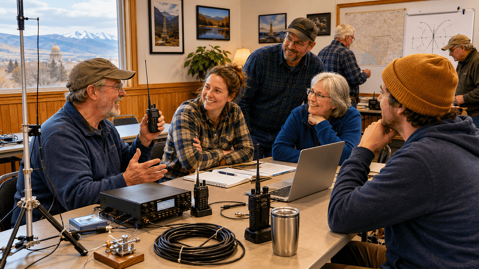 Friendly amateur radio club members gathered around radio equipment at a community meeting