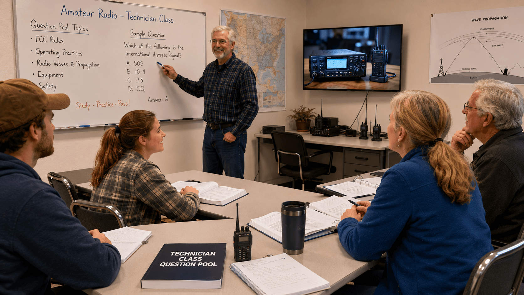 Beginner amateur radio students in a Technician license class